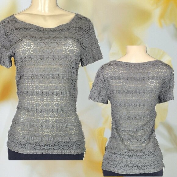 Banana Republic S Gray Sheer Floral Lace Textured Crew Neck Short Sleeve Top - Picture 1 of 6